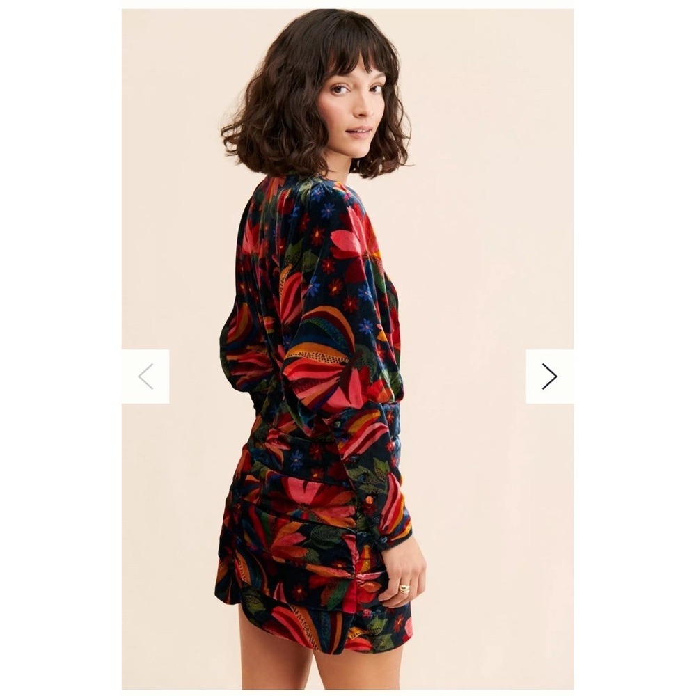 FARM Rio Banana Sky Velvet Dress Rouched‎ Size M Mini Long Sleeve Floral